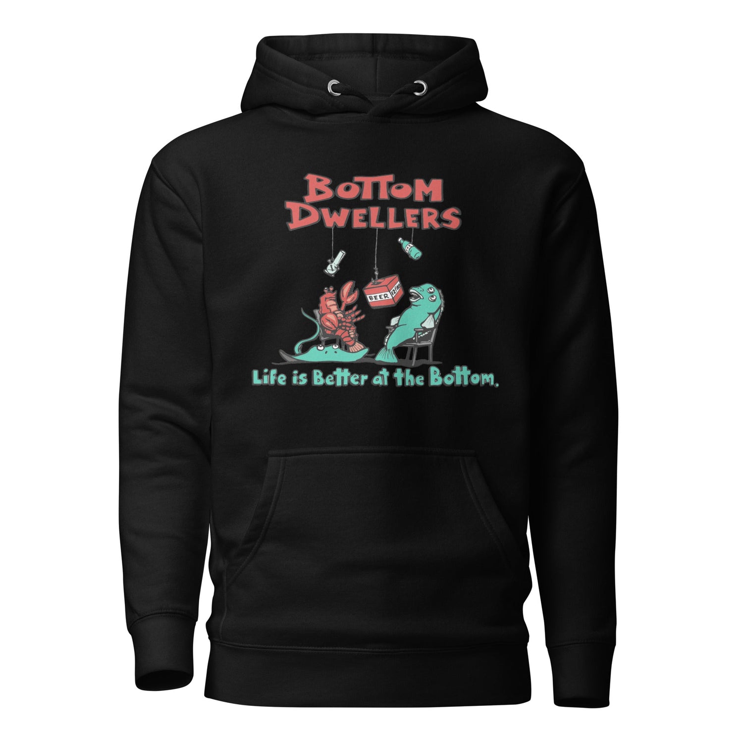 Soft hoodie featuring fish (a halibut, sting ray and lobster) hanging at the bottom of the ocean drinking beer